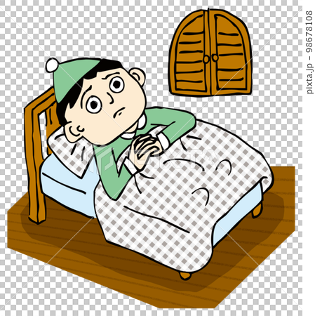 パジャマにナイトキャップをかぶり不安な顔でベッドに入る人 パジャマにナイトキャップをかぶり不安な顔でベッドに入る人 98678108