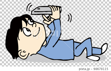 仰向けに寝転がって携帯電話をいじる人 98678115