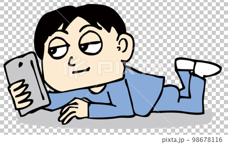 A person lying on his stomach and fiddling with a mobile phone A person lying on his stomach and fiddling with a mobile phone 98678116