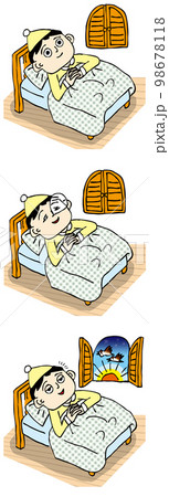 パジャマにナイトキャップをかぶり質の良い睡眠を取れた人の「入眠」「睡眠「覚醒」3点セット パジャマにナイトキャップをかぶり質の良い睡眠を取れた人の「入眠」「睡眠「覚醒」3点セット 98678118