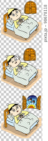 パジャマにナイトキャップをかぶり質の良い睡眠を取れた人の「入眠」「睡眠「覚醒」3点セット パジャマにナイトキャップをかぶり質の良い睡眠を取れた人の「入眠」「睡眠「覚醒」3点セット 98678118