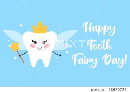 Cute card for tooth fairy day. Vector illustration. Flat cartoon style. tooth fairy in kawaii style. Cute card for tooth fairy day. Vector illustration. Flat cartoon style. tooth fairy in kawaii style. 98679725