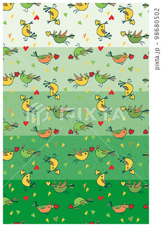 小鳥とハートのパターン柄 背景 グリーン グラデーション 98680502
