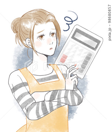 悩む女性と電卓 98680857