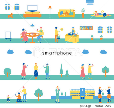 スマートフォンを楽しむ人達　シームレス背景 98681285