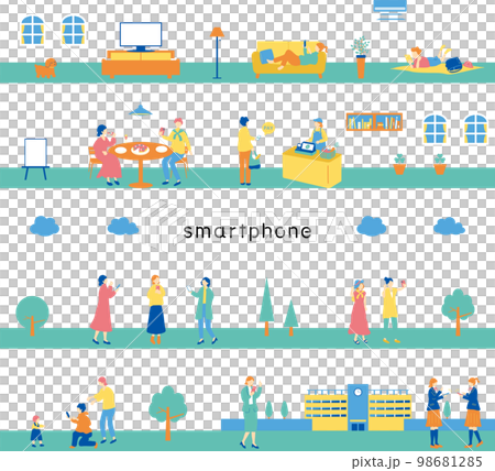スマートフォンを楽しむ人達　シームレス背景 98681285