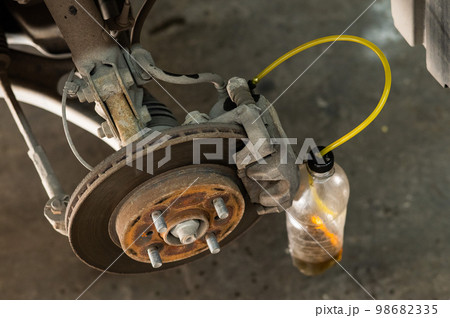 Automatic change of brake fluid in a car service. Automatic change of brake fluid in a car service. 98682335