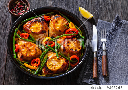 honey mustard lemon chicken thighs with veggies 98682684