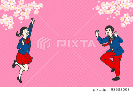 桜の季節に喜んでガッツポーズをする制服の学生 98683003