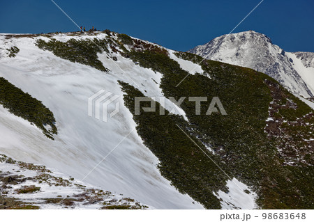 残雪の北アルプス・蝶ヶ岳稜線を行く登山者と常念岳 残雪の北アルプス・蝶ヶ岳稜線を行く登山者と常念岳 98683648