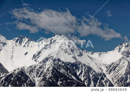北アルプス・蝶ヶ岳稜線から望む残雪の北穂高岳と大キレット 北アルプス・蝶ヶ岳稜線から望む残雪の北穂高岳と大キレット 98683649