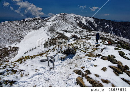 残雪の北アルプス・蝶ヶ岳稜線を行く登山者 98683651