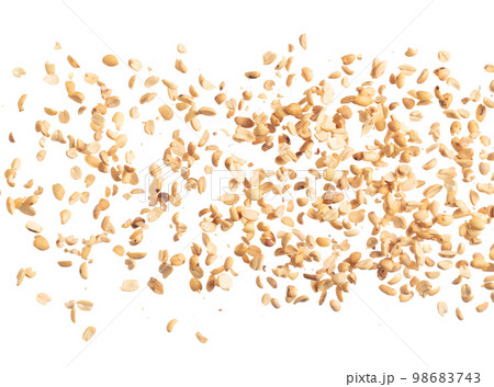 Roasted Peanut bean fall down in group, Roasted Peanut bean float explode, abstract cloud fly. Roasted Peanut beans splash throwing in Air. White background Isolated high speed shutter, freeze motion 98683743