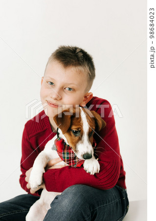 boy playing thoroughbred jack russell white background 98684023