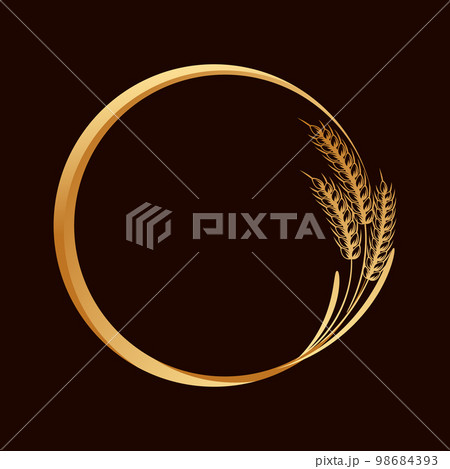 Spikelets of wheat, rye, barley, round frame. Gold badge, elegant design, vector 98684393