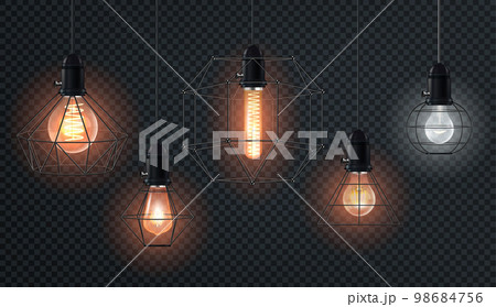 Realistic retro light bulbs set. Decorative vintage design edison lightbulbs of different shapes. Lamps in antique style with copper 98684756