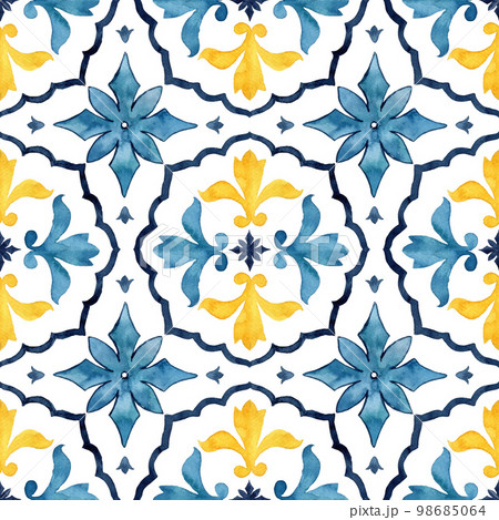 Watercolor seamless pattern consisting of yellow and blue Mediterranean tiles and elements. Hand painted traditional illustration isolation on white background for design, print, fabric or background. 98685064
