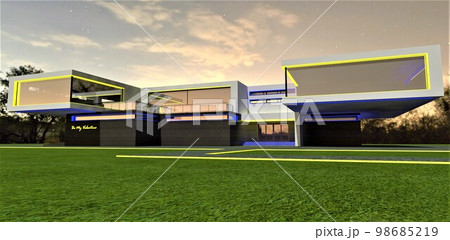 Awesome villa in minimalist style. Technological console floors with panoramic windows. Glowing curb on the grass. 3d rendering. Awesome villa in minimalist style. Technological console floors with panoramic windows. Glowing curb on the grass. 3d rendering. 98685219