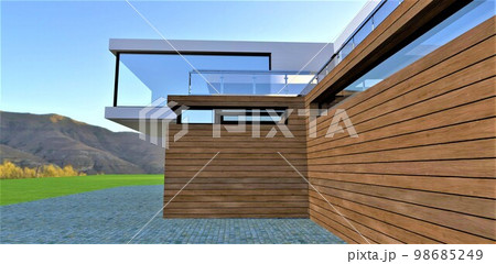 Wooden facade of the upscale country dwelling in the mountains. Grenite pavement and green lawn. Long window along the wall. 3d rendering. 98685249