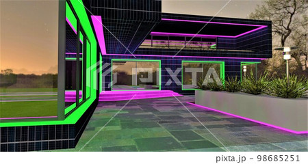 Awesome design of the upscale dwelling night illumination. Successful combination of green and purple colors. 3d rendering. Awesome design of the upscale dwelling night illumination. Successful combination of green and purple colors. 3d rendering. 98685251