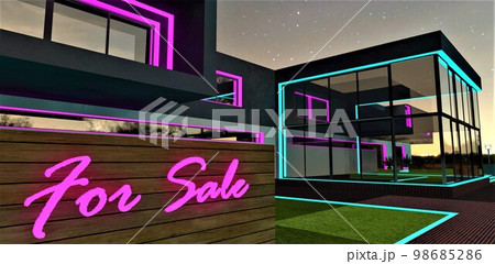 Glowing inscription For Sale written in pink on the board near the illuminated futuristic house at night. Good illustration for real estate websites. 3d rendeirng. 98685286