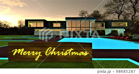 Glowing text Merry Christmas written in yellow on the board. Beautiful estate with illuminated facade and pool under the starry sky on the background. 3d rendering. 98685287