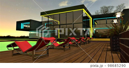 Red sun loungers on the deck in front of the up-scale house illuminated with turquoise and yellow. 3d rendering. Red sun loungers on the deck in front of the up-scale house illuminated with turquoise and yellow. 3d rendering. 98685290
