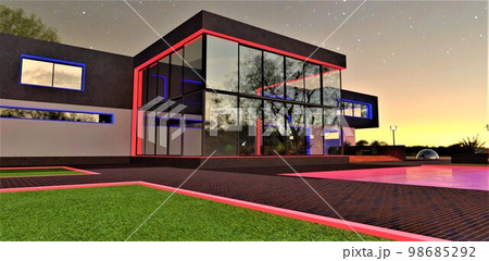 Up-scale villa with red blue night illumination under the starry sky. Good banner for the real estate investment advertisement. 3d rendering. Up-scale villa with red blue night illumination under the starry sky. Good banner for the real estate investment advertisement. 3d rendering. 98685292