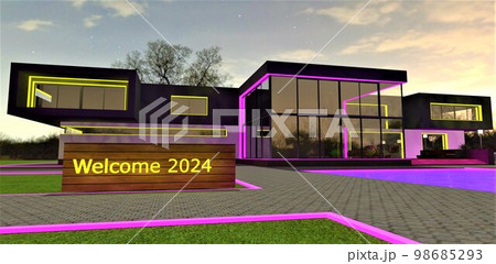 Welcome 2024 text on the wooden stand with amazing illuminated estate on the background. Good idea for new year greeting card. 3d rendering. Welcome 2024 text on the wooden stand with amazing illuminated estate on the background. Good idea for new year greeting card. 3d rendering. 98685293