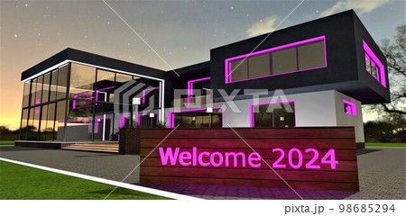 Wooden stand with glowing text Welcome 2024. Contemporary house at nighn is on the background. 3d rendering. Wooden stand with glowing text Welcome 2024. Contemporary house at nighn is on the background. 3d rendering. 98685294