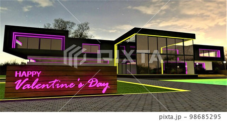 Words Happy Valentine's Day written on the low wooden stand on the grass in the yard of the contemporary house at night. 3d rendering. Words Happy Valentine's Day written on the low wooden stand on the grass in the yard of the contemporary house at night. 3d rendering. 98685295