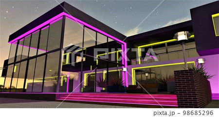 Yellow purple night illumination of the elite family house facade. View of the stylish relax zone. 3d rendering. Yellow purple night illumination of the elite family house facade. View of the stylish relax zone. 3d rendering. 98685296