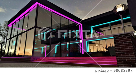 Amazing concept of the glass facade night illumination of the contemporary estate under thw starry sky. 3d rendering. Amazing concept of the glass facade night illumination of the contemporary estate under thw starry sky. 3d rendering. 98685297