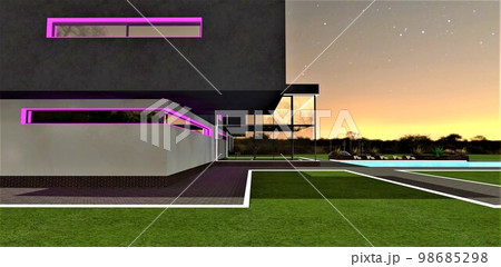 Awesome evening above the newly built contemporary estate an hour after suset. White glowing border. Purple illumination of the building. 3d rendering. Awesome evening above the newly built contemporary estate an hour after suset. White glowing border. Purple illumination of the building. 3d rendering. 98685298