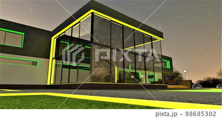 Green and yellow combination as a night decor of the territory around the newly built elite suburban house for rich people. 3d rendering. 98685302