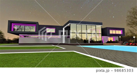 Illumination of contemporary suburban home in purple and white. Stunning pool with blue water in front of the building. Amazing starry night. 3d rendering. 98685303