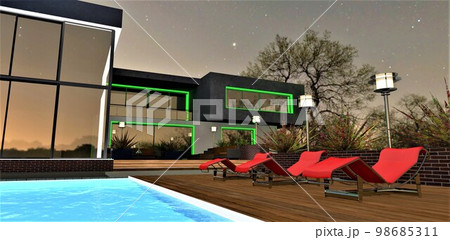 Several red sun loungers in the starry evening on the deck near the glowing swimming pool. Glass illuminated facade of the stylish house. 3d rendering. 98685311