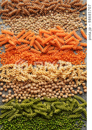 A variety of fusilli pasta from different types of legumes. Gluten-free pasta. 98685707