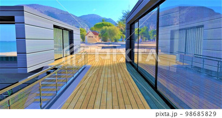 Amazing fenced terrace with wooden flooring anf big mirror windows. Nice view to the tropical mountains landscape. 3d rendering. 98685829