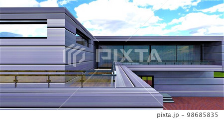 Glass fence of the stylish balcony with aluminium walls and white curtains behind large panoramic glass doors. 3d rendering. 98685835