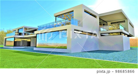Stunning design of the contemporary elite house. Gray granite pavement on the green lawn. Bright sun in the blue sky. 3d rendering. 98685866