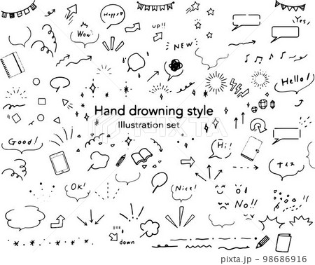 アイコンや気づきーあしらいに使える手描きのシンプルでかわいいモノクロイラストセット　 98686916