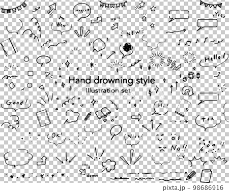 アイコンや気づきーあしらいに使える手描きのシンプルでかわいいモノクロイラストセット　 98686916