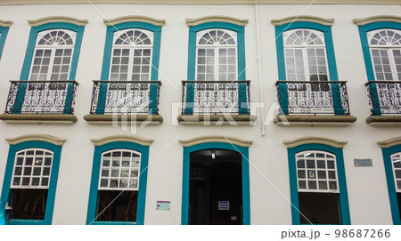 colored facade and porches of ancient buildings in Sao Joao del Rei, Minas Gerais, Brazil 98687266