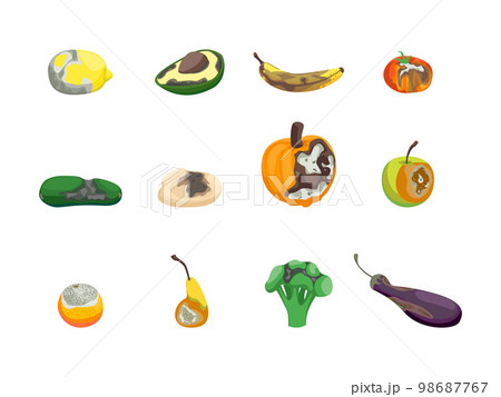 Cartoon Color Different Waste Damaged Food Set Flat Design Style Include of Banana and Apple. Vector illustration Cartoon Color Different Waste Damaged Food Set Flat Design Style Include of Banana and Apple. Vector illustration 98687767
