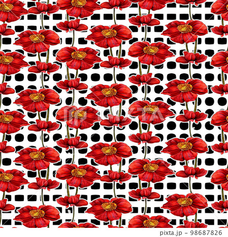 Red poppies on black and white polka dot background seamless pattern 98687826