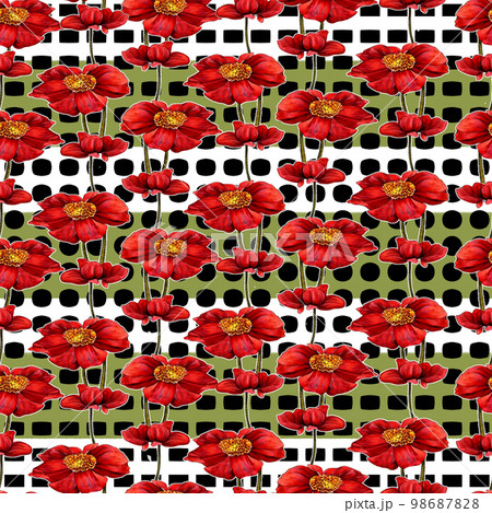 Red poppies on green stripes, and black and white polka dot background seamless pattern 98687828