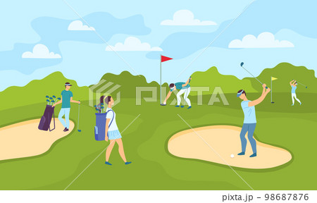Cartoon Color Characters People Playing Golf on Course Sport Club Concept Flat Design Style . Vector illustration Cartoon Color Characters People Playing Golf on Course Sport Club Concept Flat Design Style . Vector illustration 98687876