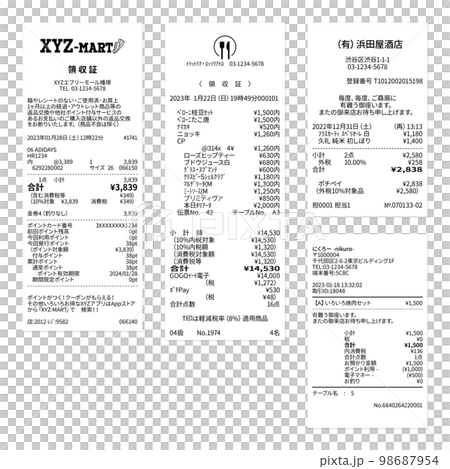 A set of realistic dummy receipts for shoe stores, Italian restaurants, liquor stores, and yakiniku restaurants Meal coupons and local currency applied 98687954
