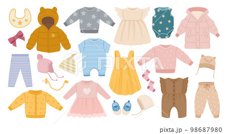 Cartoon kids clothes. Baby boys and girls casual garments, cute little pants, jumpsuits and dresses flat vector illustration collection. Childrens clothing set 98687980